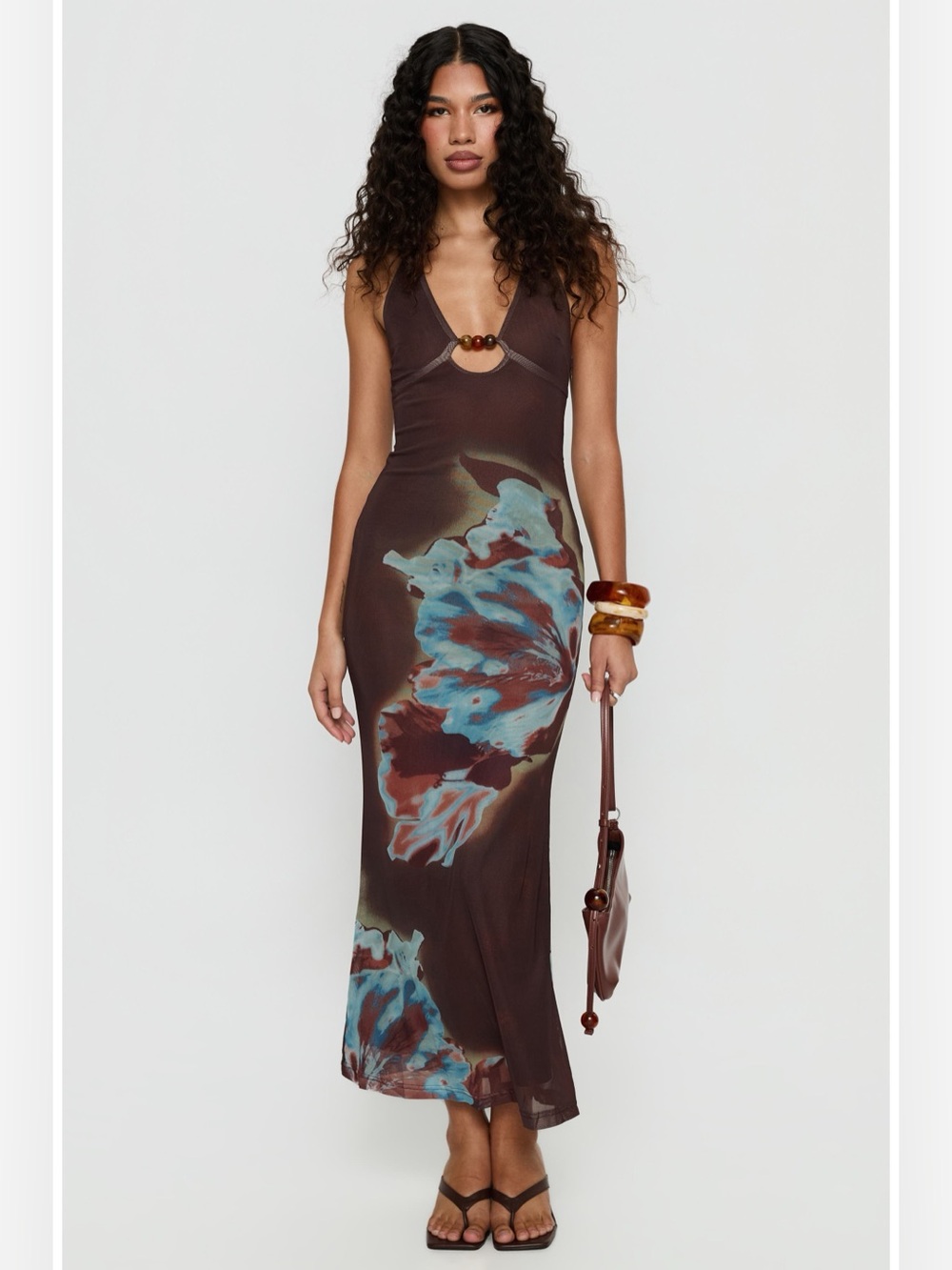 NEW Princess Polly Maritsa Beaded Halter Maxi Dress In Brown Floral Size 6